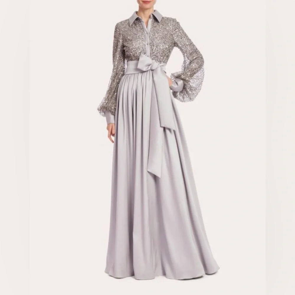 NWOT Badgley Mischka Collection Blouson Sleeve Sequin Shirt Gown